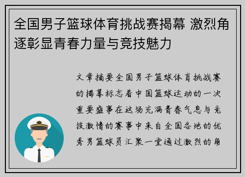 全国男子篮球体育挑战赛揭幕 激烈角逐彰显青春力量与竞技魅力